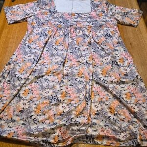 Women‎ Plus 1XL Orange Pink Gray Floral Square Neck Short Sleeve Maxi Dress